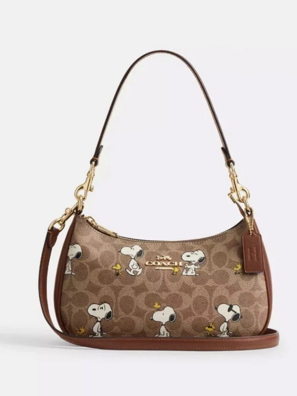 CBJ88 COACH x PEANUTS Teri Shoulder Bag Tan Brown Snoopy Print Signature Canvas
